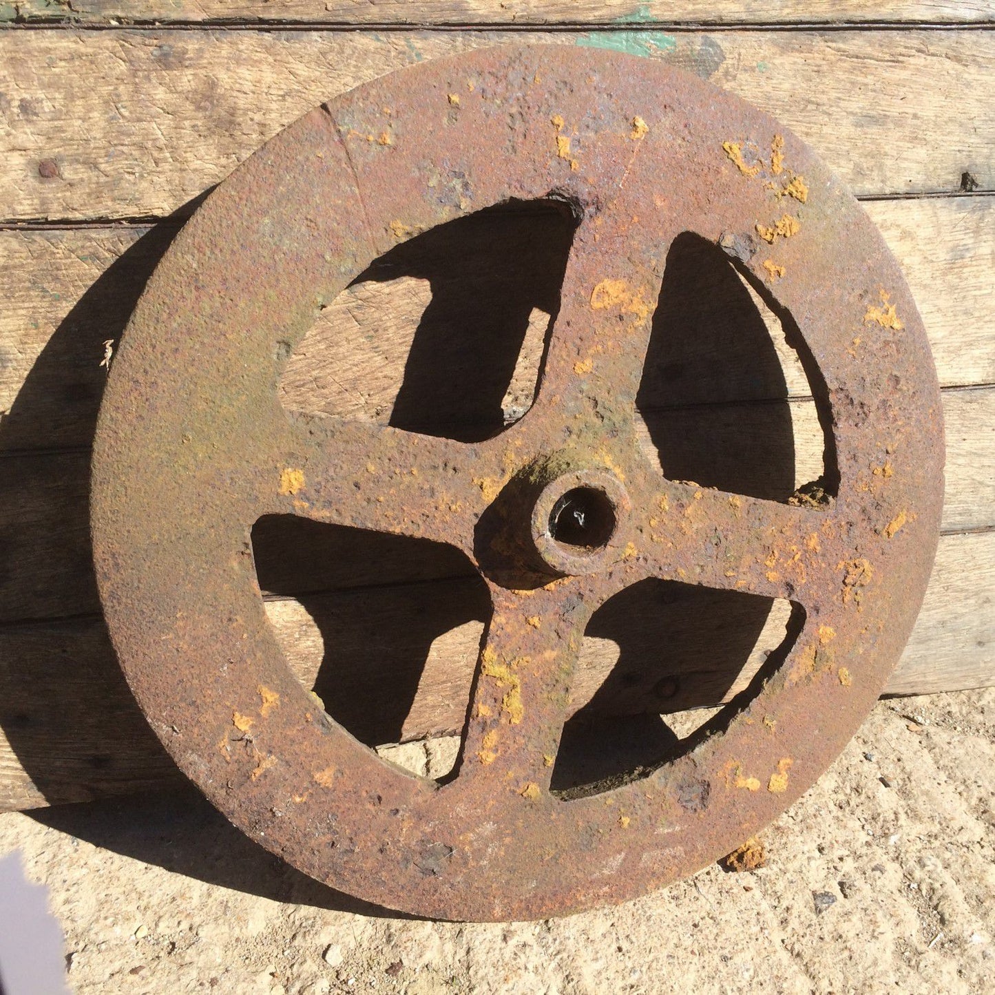Old Reclaimed Cast Iron 4 Spoke Rusty Wheel Disk Ornament 20”
