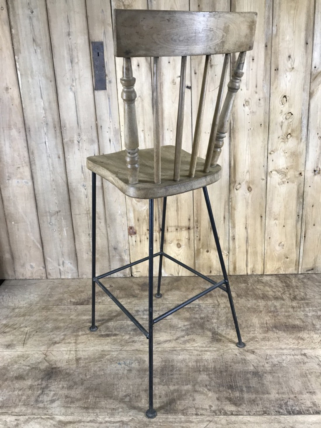 Old Converted Reclaimed Kitchen Dowel Back Stripped & Waxed Elm Chair To Stool