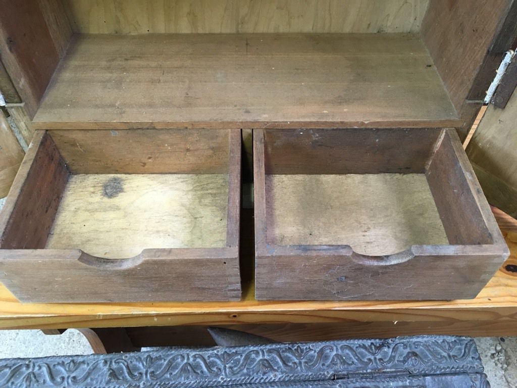 Old 20th Century Small Sapele & Pine Cabinet With Two Shelves 2 Drawers 22" High