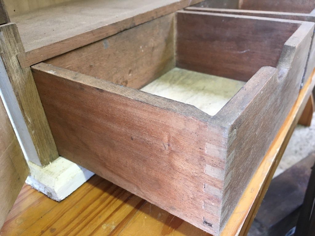 Old 20th Century Small Sapele & Pine Cabinet With Two Shelves 2 Drawers 22" High