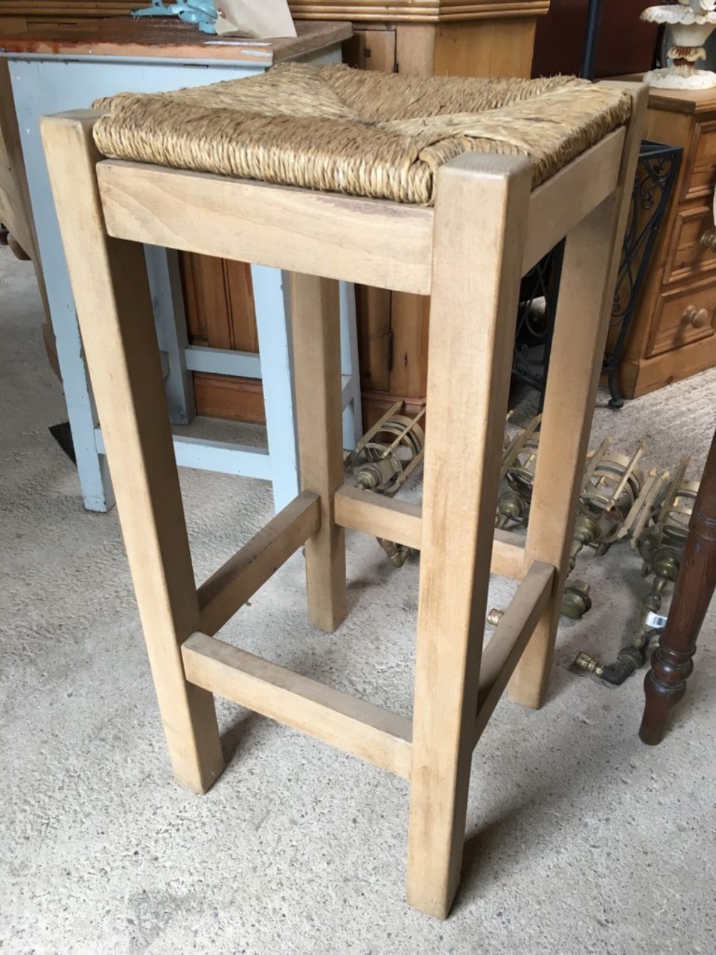 Old Kitchen Waxed Solid Beech & Grass Seat Stool 30” High