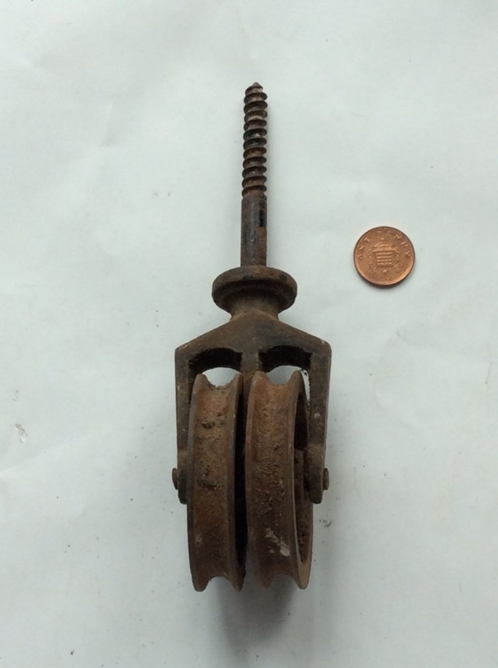 Reclaimed Old Cast Iron Screw In Double 2 ½” Wheel Pulley