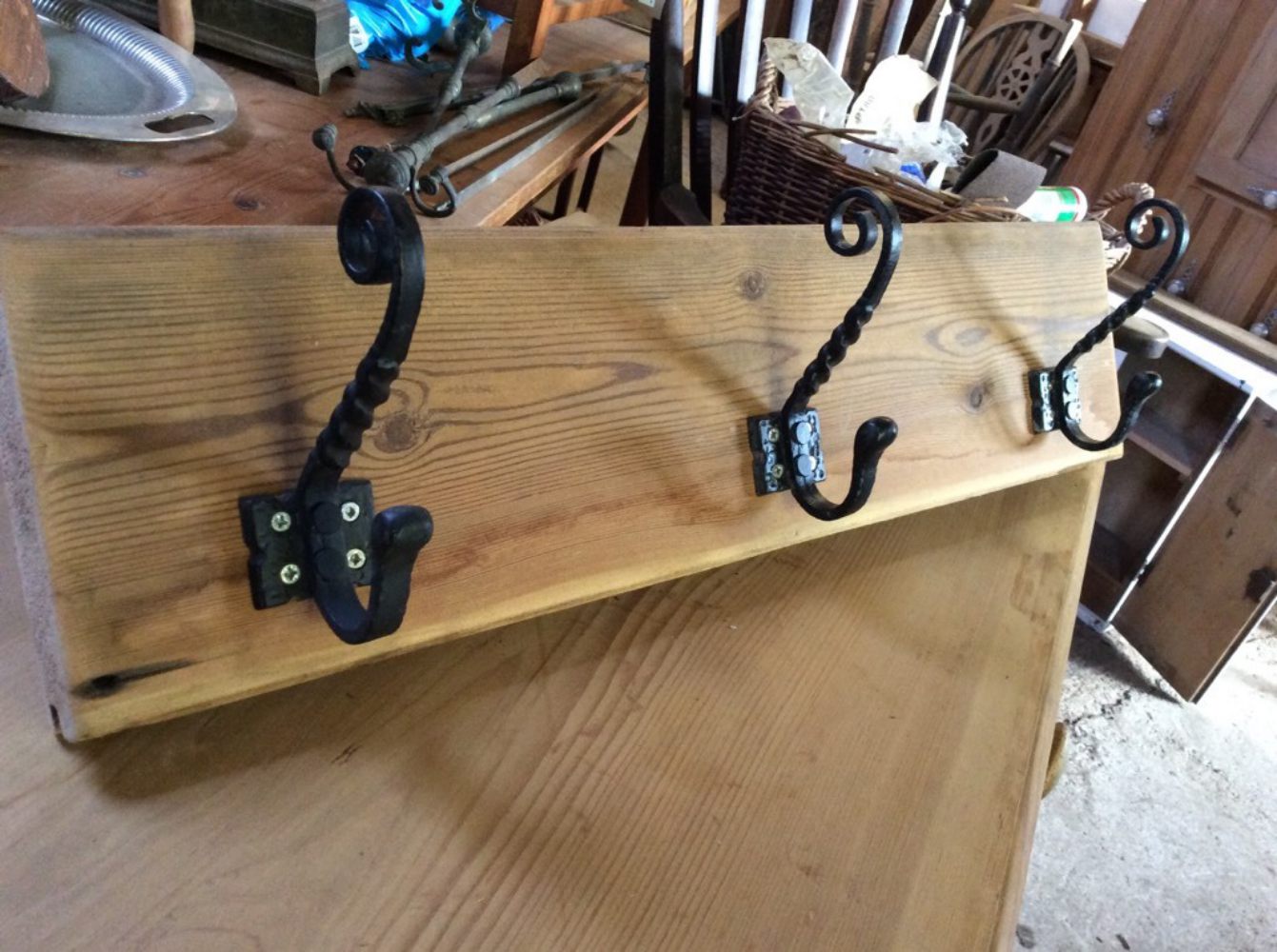 Three Old Wrought Iron Coat Hooks Mounted On Pine 26" Long