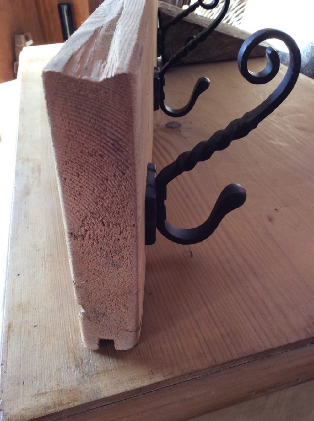 Three Old Wrought Iron Coat Hooks Mounted On Pine 26" Long
