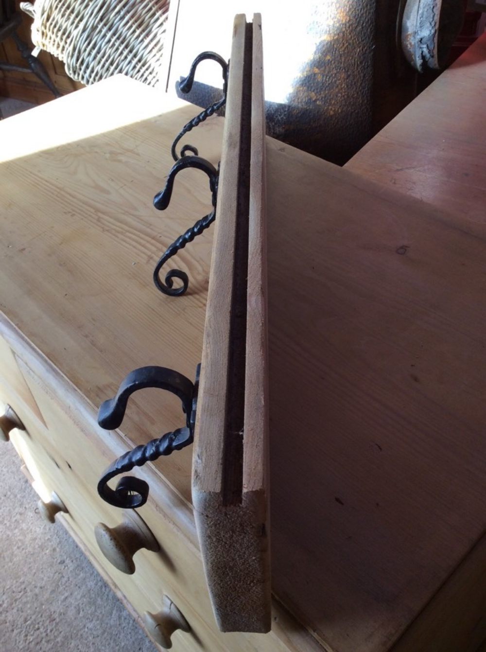 Three Old Wrought Iron Coat Hooks Mounted On Pine 26" Long