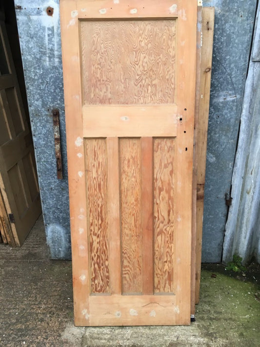 29 1/2”x77 1/8” 1930s Stripped Pitch Pine Four Panel 1 Over 3 Internal Door