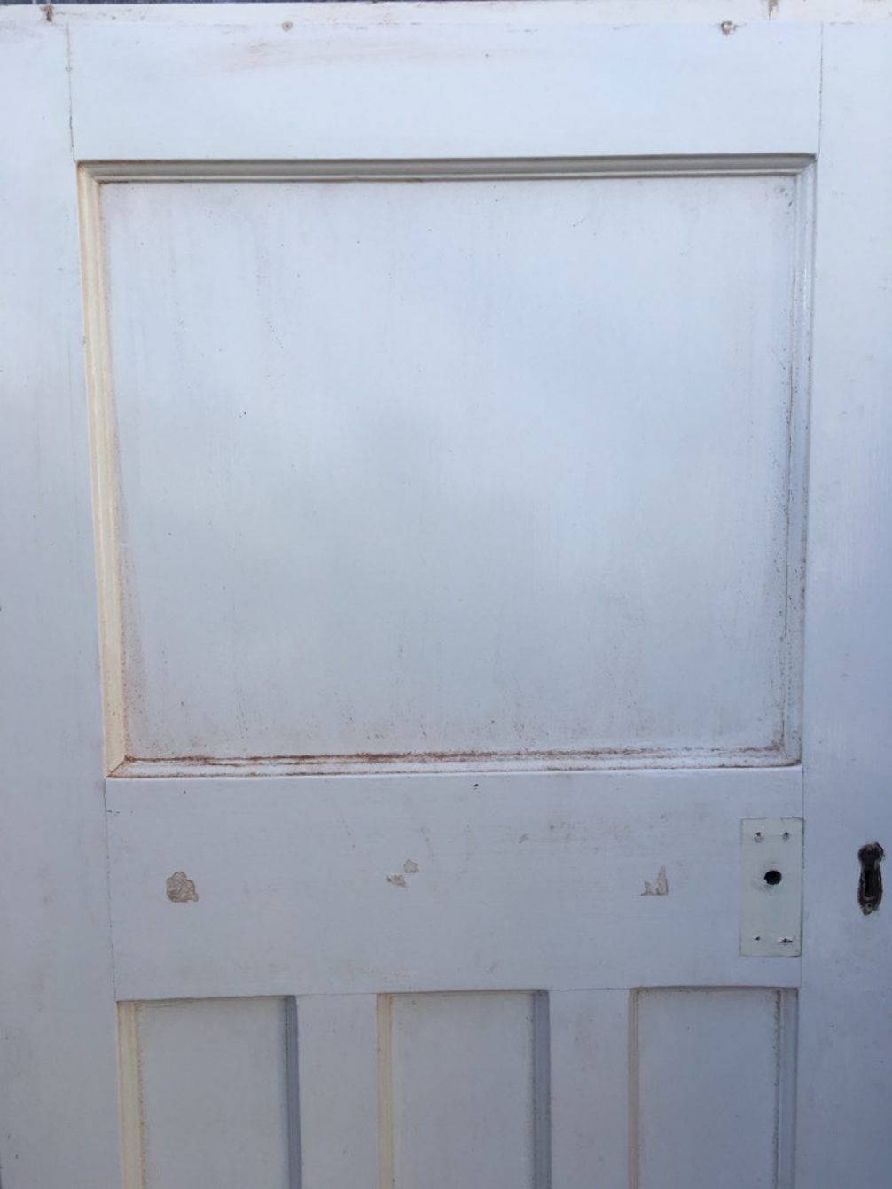 29 3/4”x76 5/8” 1930s Painted Pitch Pine Four Panel 1 Over 3 Internal Door
