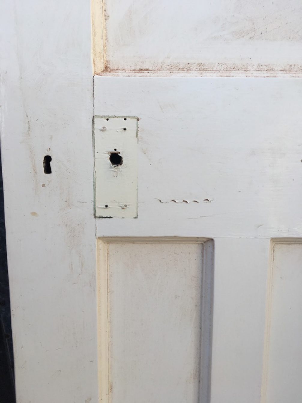 29 3/4”x76 5/8” 1930s Painted Pitch Pine Four Panel 1 Over 3 Internal Door