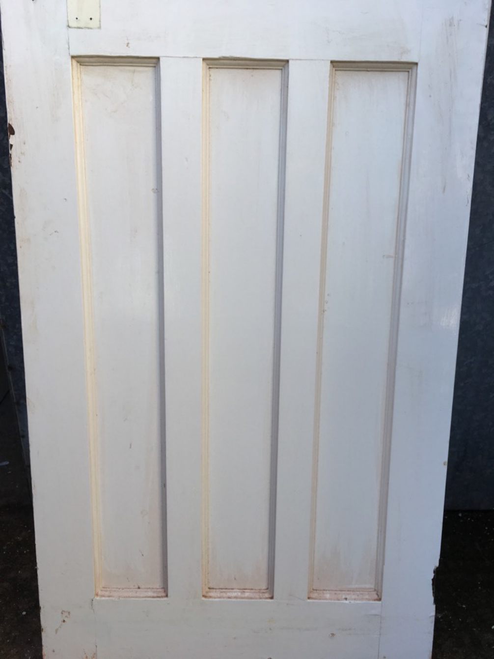29 5/8”x 77 3/8” 1930s Painted Pitch Pine Four Panel 1 Over 3 Internal Door
