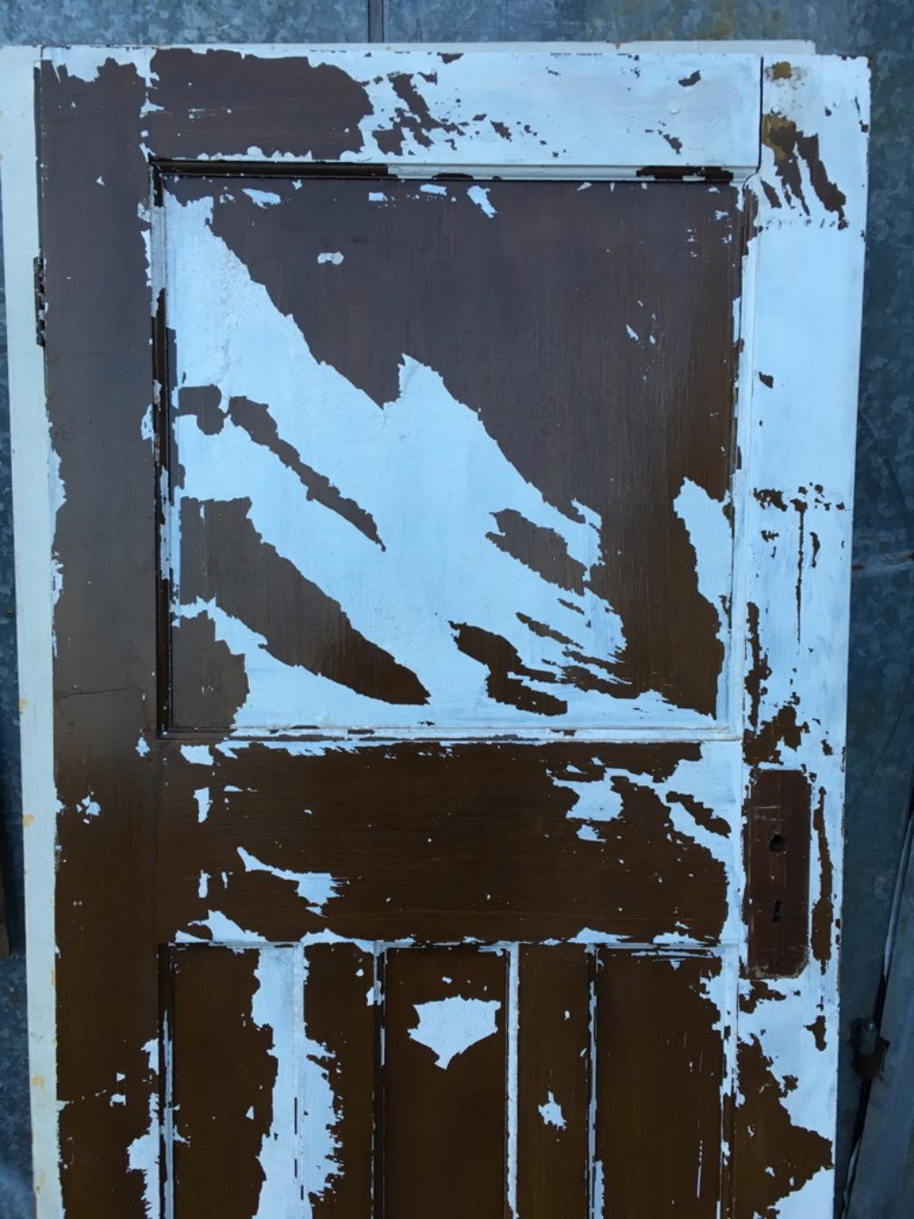 27 7/8 X 76 3/4” 1930s Painted Pitch Pine Four Panel 1 Over 3 Narrow Internal Door