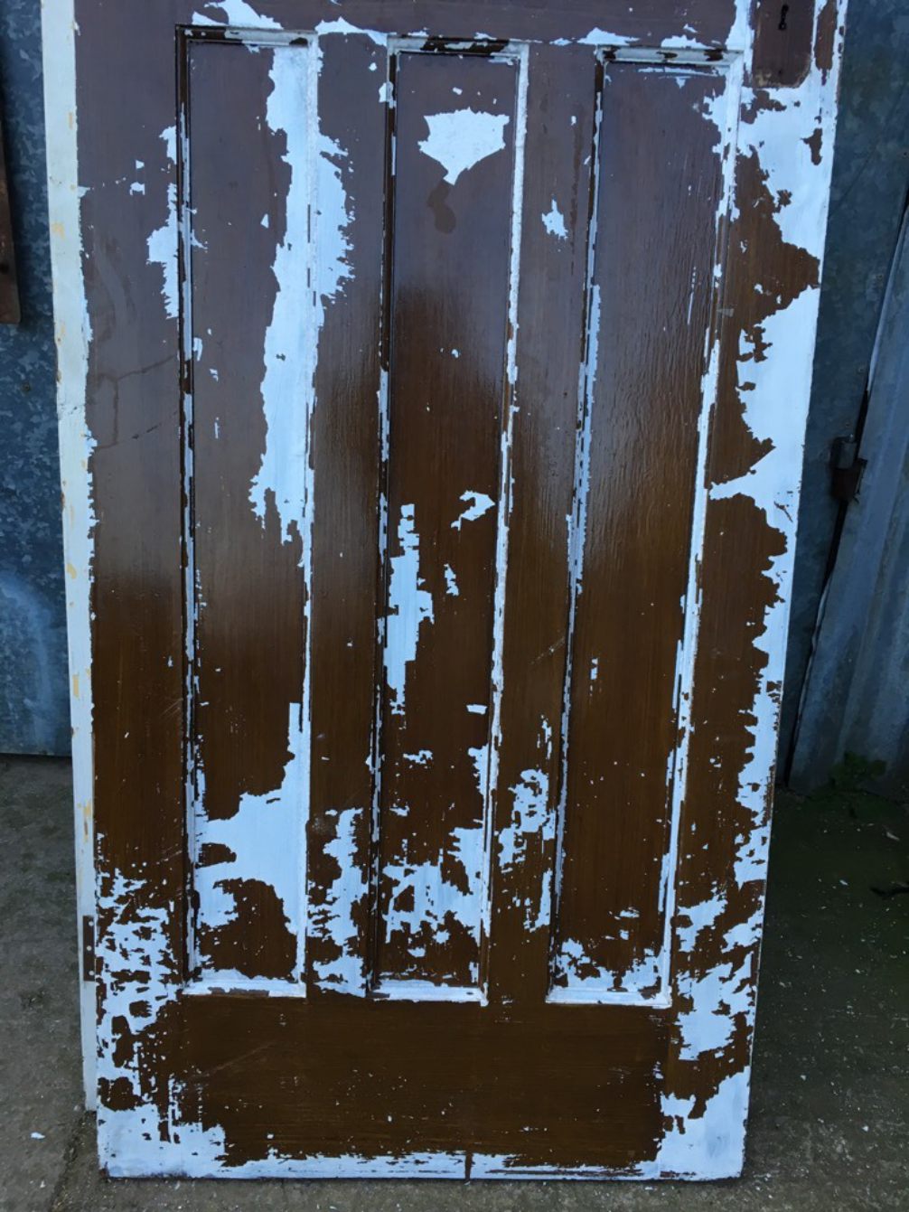 27 7/8 X 76 3/4” 1930s Painted Pitch Pine Four Panel 1 Over 3 Narrow Internal Door