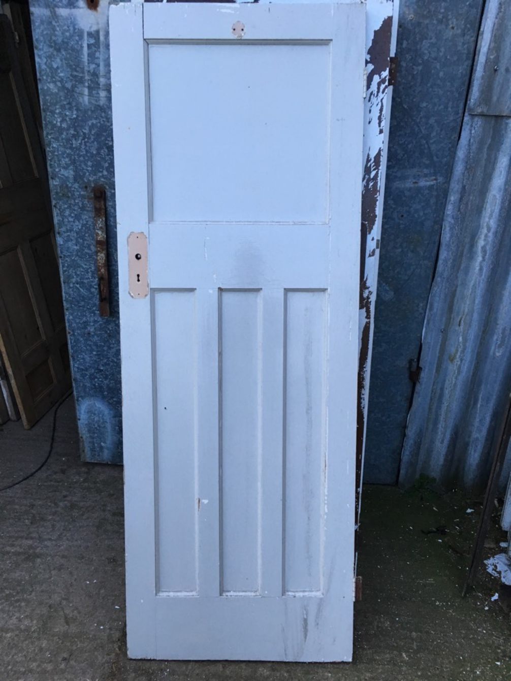 27 7/8 X 76 3/4” 1930s Painted Pitch Pine Four Panel 1 Over 3 Narrow Internal Door