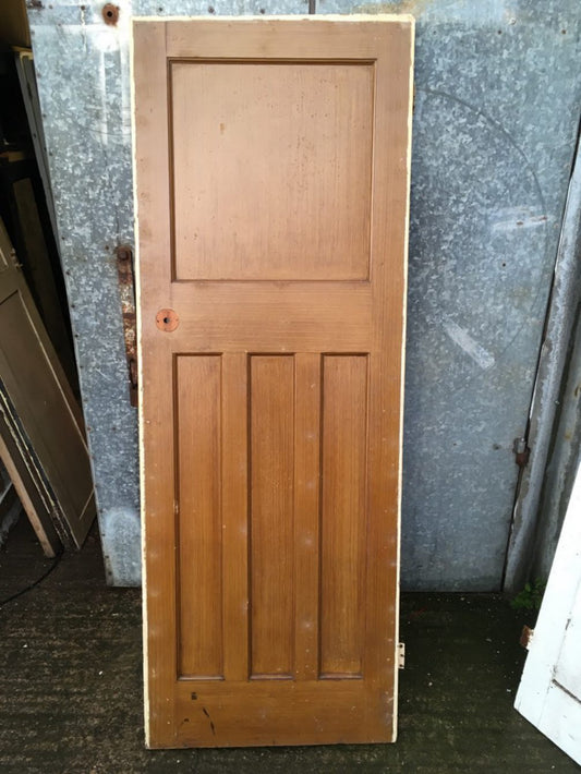 27 7/8x76 3/8” 1930s Painted Pitch Pine Four Panel 1 Over 3 Narrow Internal Door