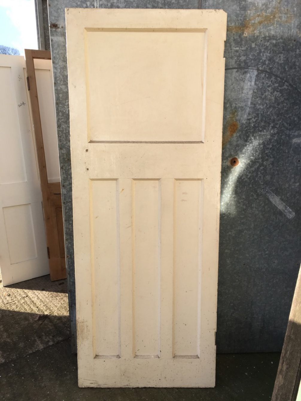 29" 3/8 x 77" 3/8 Four Panel Painted Pitch Pine 1930s 1 Over 3 Internal Door
