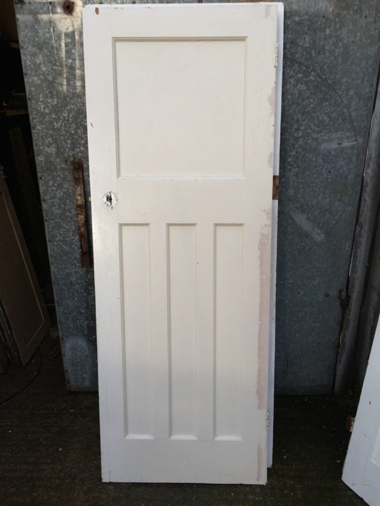 27 3/4x74 7/8” 1930s Painted Pitch Pine Four Panel 1 Over 3 Narrow Internal Door