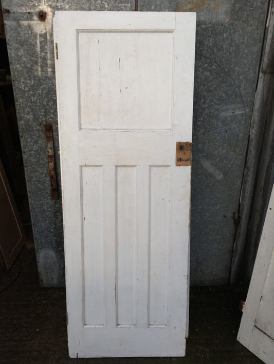 27 3/4 X 75 7/8” 1930s Painted Pitch Pine Four Panel 1 Over 3 Narrow Internal Door