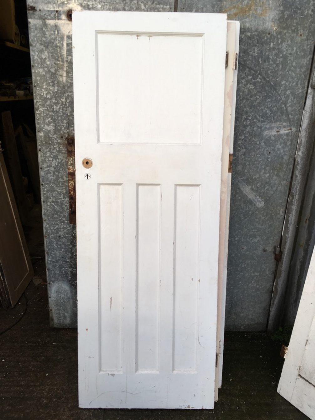 27 3/4 X 75 7/8” 1930s Painted Pitch Pine Four Panel 1 Over 3 Narrow Internal Door