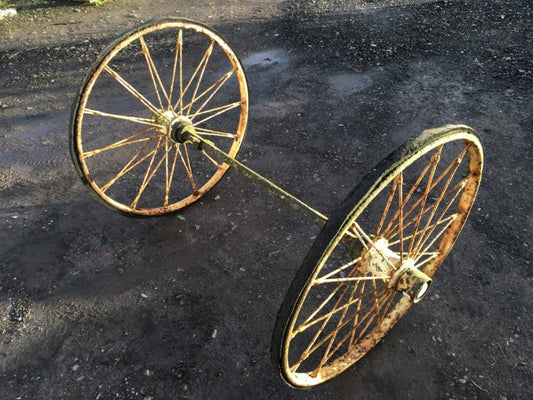 Interesting Pair Of Old Wrought Iron 3’ Spoked Wheels & Axle