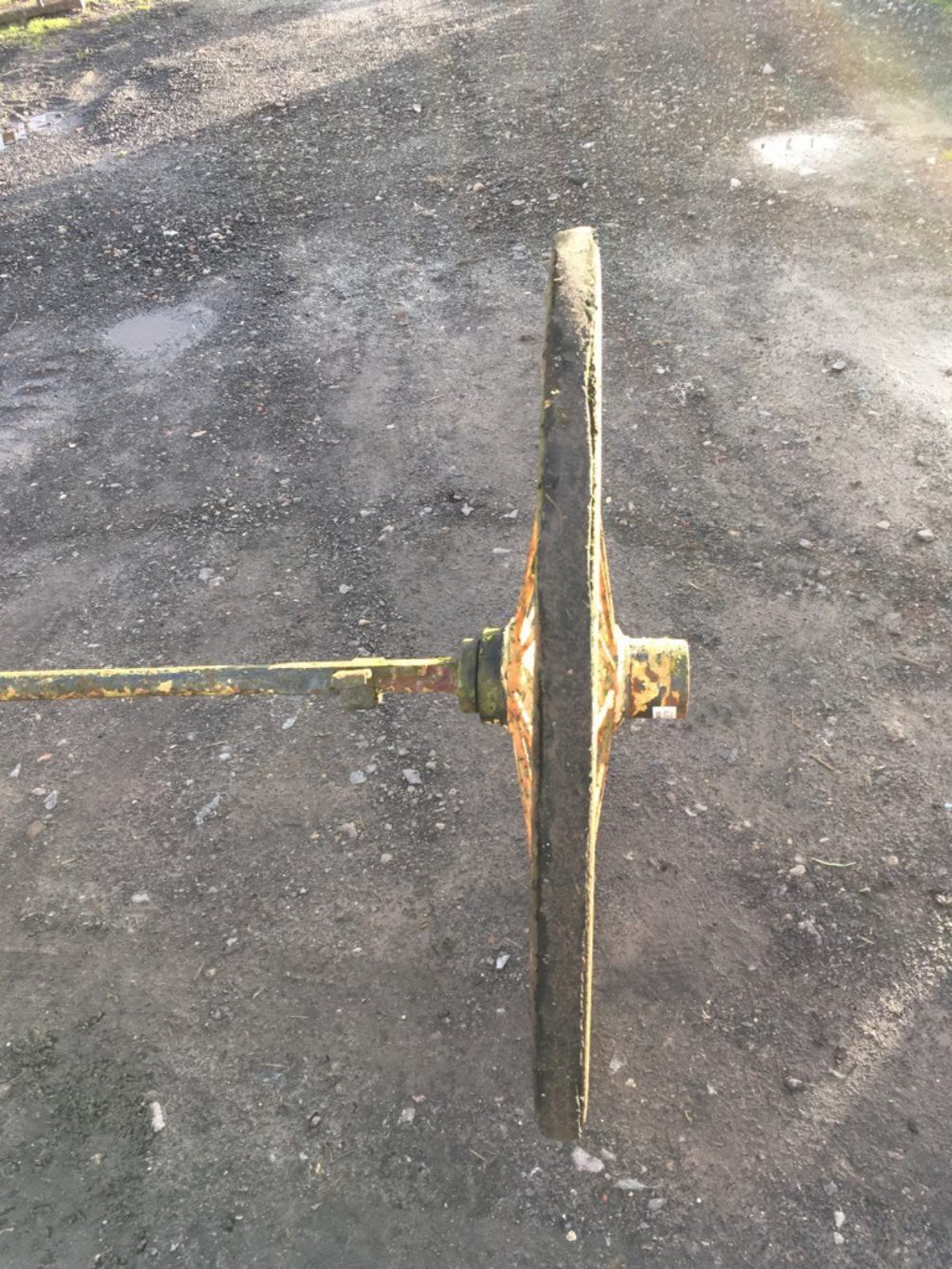 Interesting Pair Of Old Wrought Iron 3’ Spoked Wheels & Axle