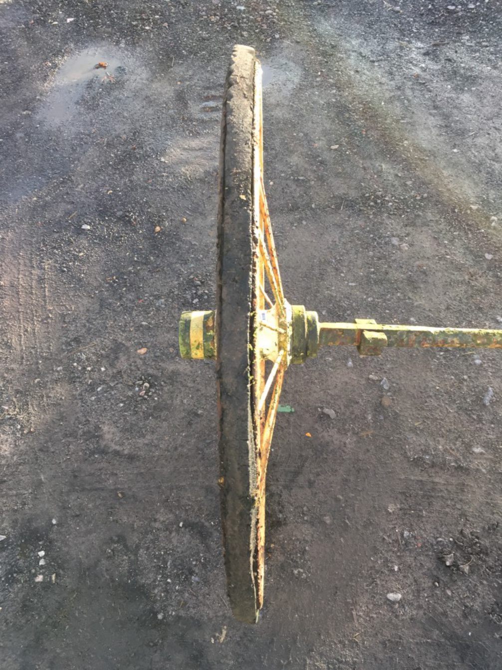 Interesting Pair Of Old Wrought Iron 3’ Spoked Wheels & Axle