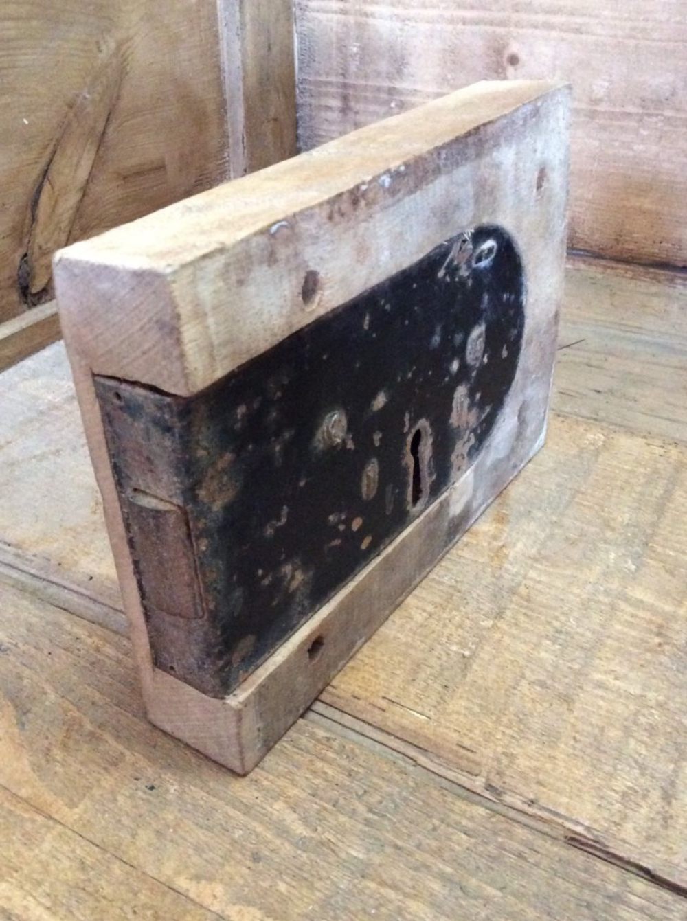 Unusual Victorian Door Rim Lock With Elm Casement & Steel Lock Right Hand 4¾”x7”