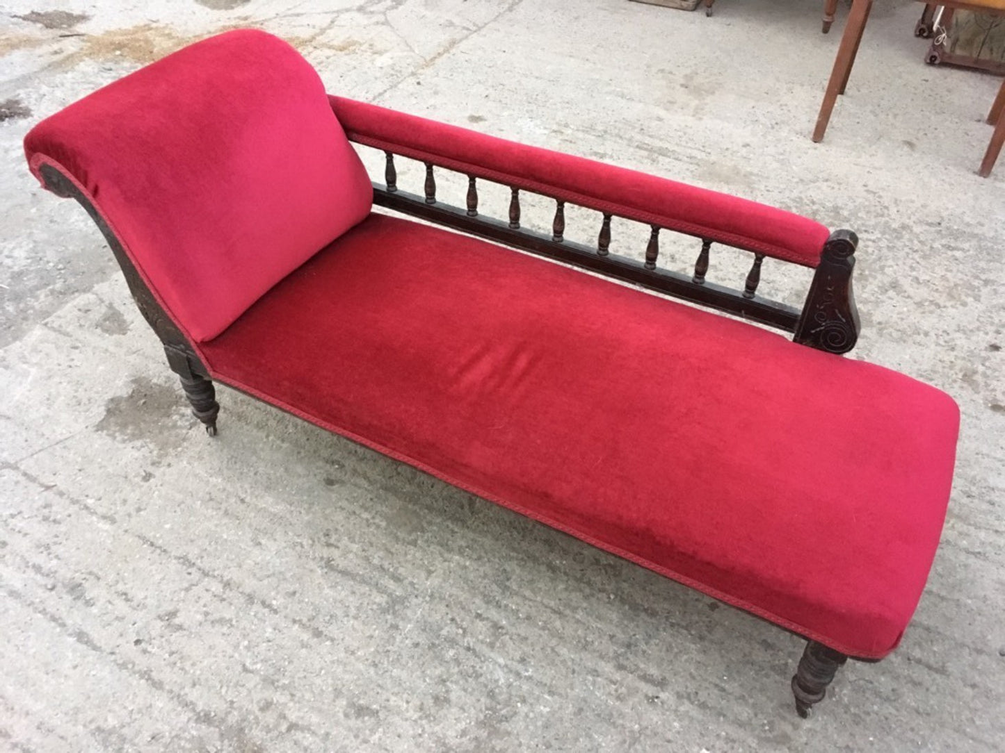 Antique Victorian Mahogany & Red Material Chaise Longue Sofa Chair TLC