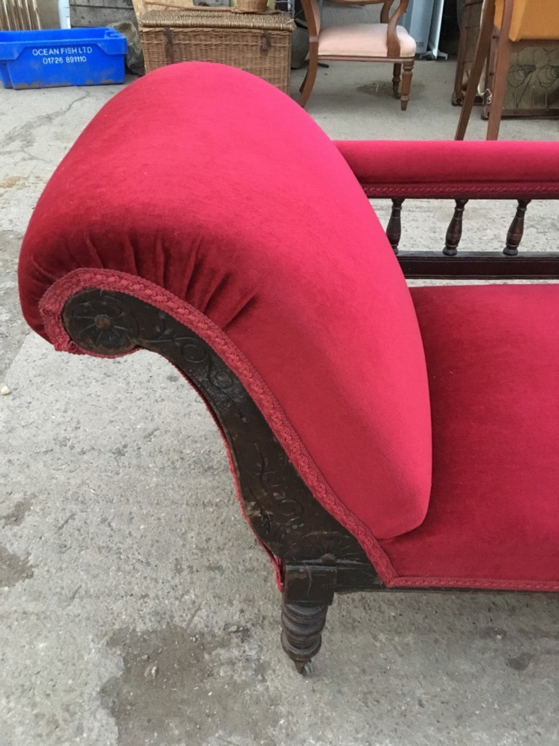 Antique Victorian Mahogany & Red Material Chaise Longue Sofa Chair TLC