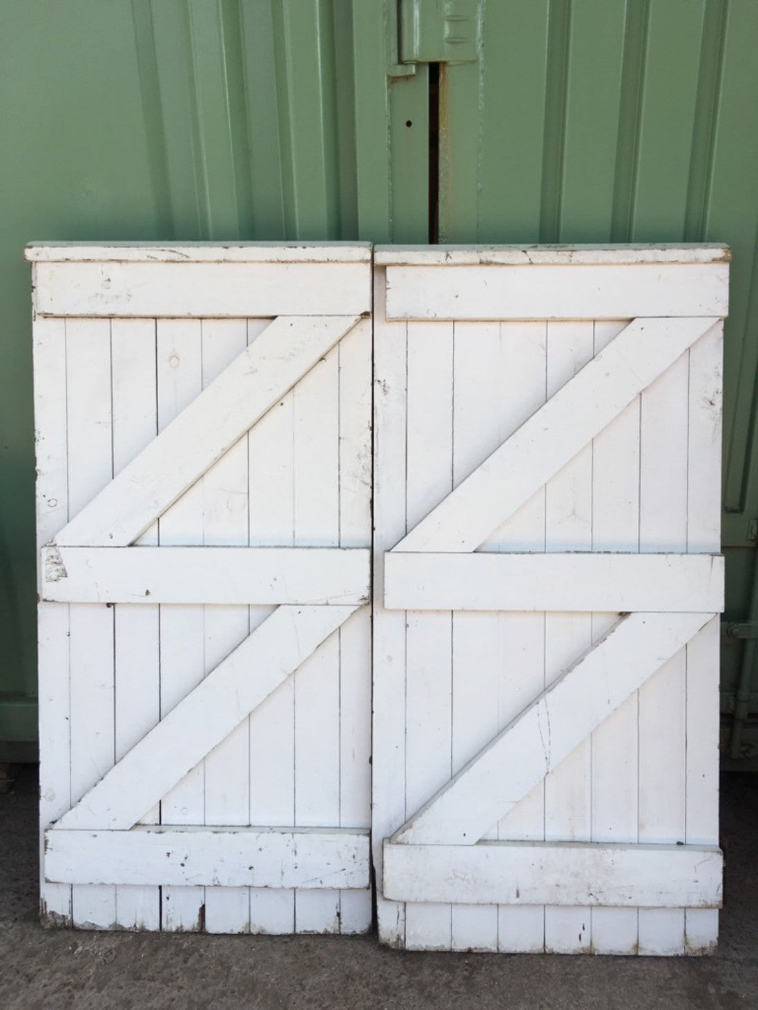 Salvaged Old Pair Of Painted Pine Wooden Garden Gates 133x131.5cm