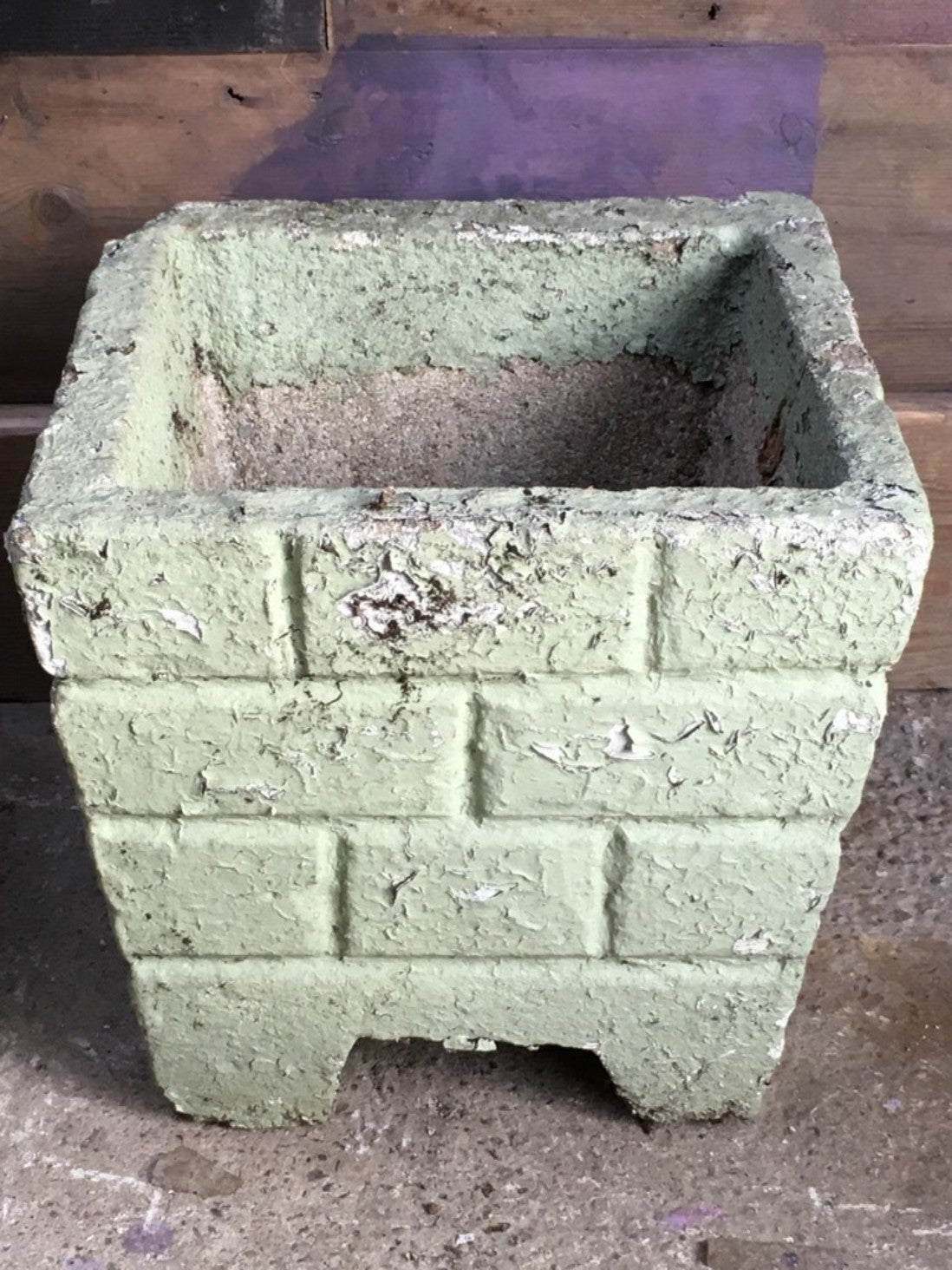 Reclaimed Pair Of Old Weathered Concrete Square Garden Pots Painted Green 28cm