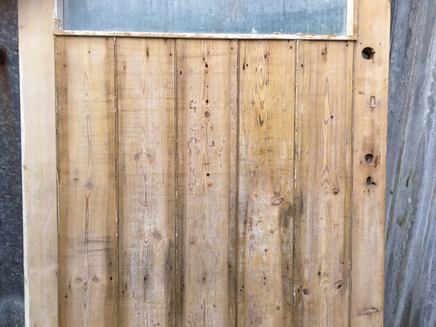 39 1/8”x77 1/4” Old Stripped Pine 5 Plank Framed Glazed Internal External Door