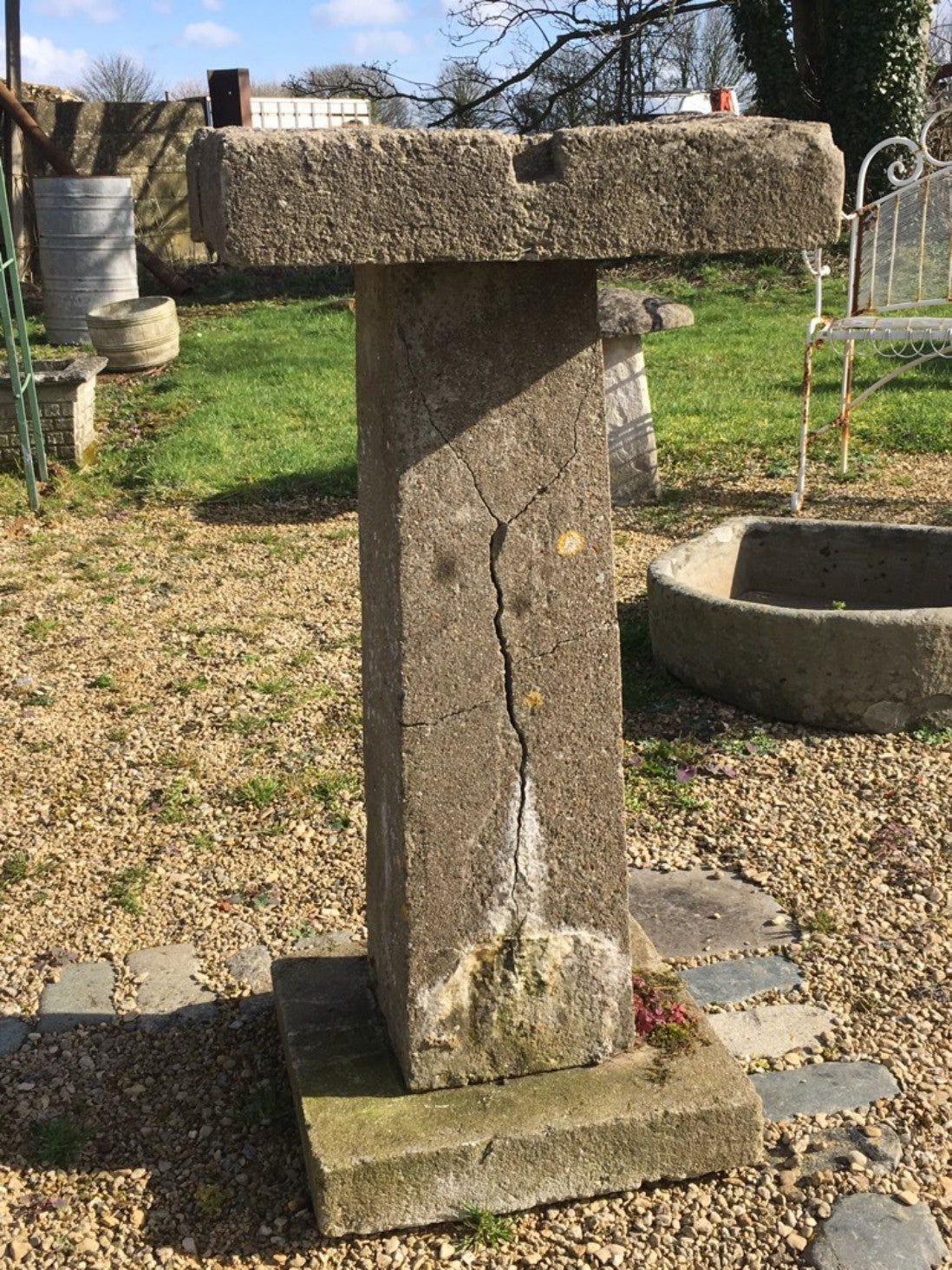 Salvaged Old Concrete 2’9” Tall Weathered Square Bird Bath