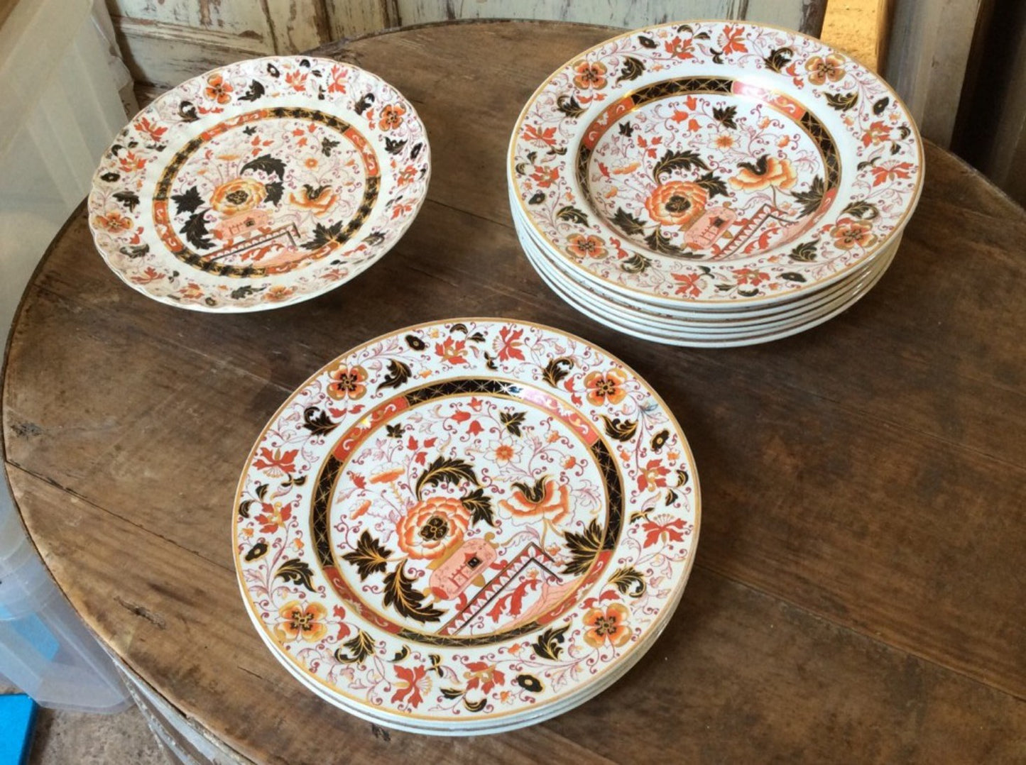 Nine Interesting Old Hall China Plates & Cake Stand 3 Dinner 6 Soup