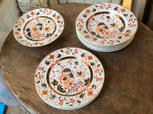 Nine Interesting Old Hall China Plates & Cake Stand 3 Dinner 6 Soup