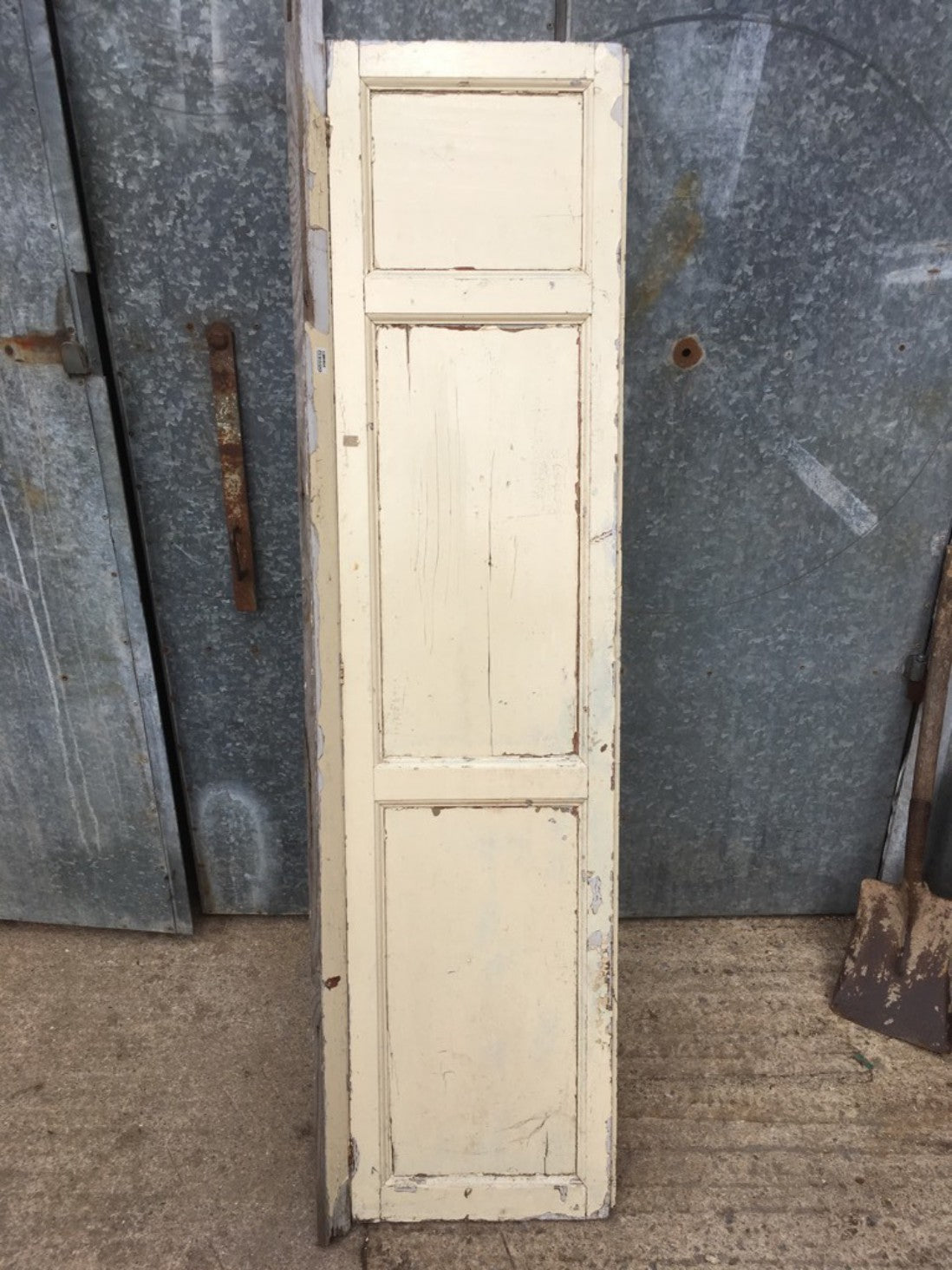 16 3/8”x70 5/8” Old Painted Pine Three Horizontal Panel Short Internal Door