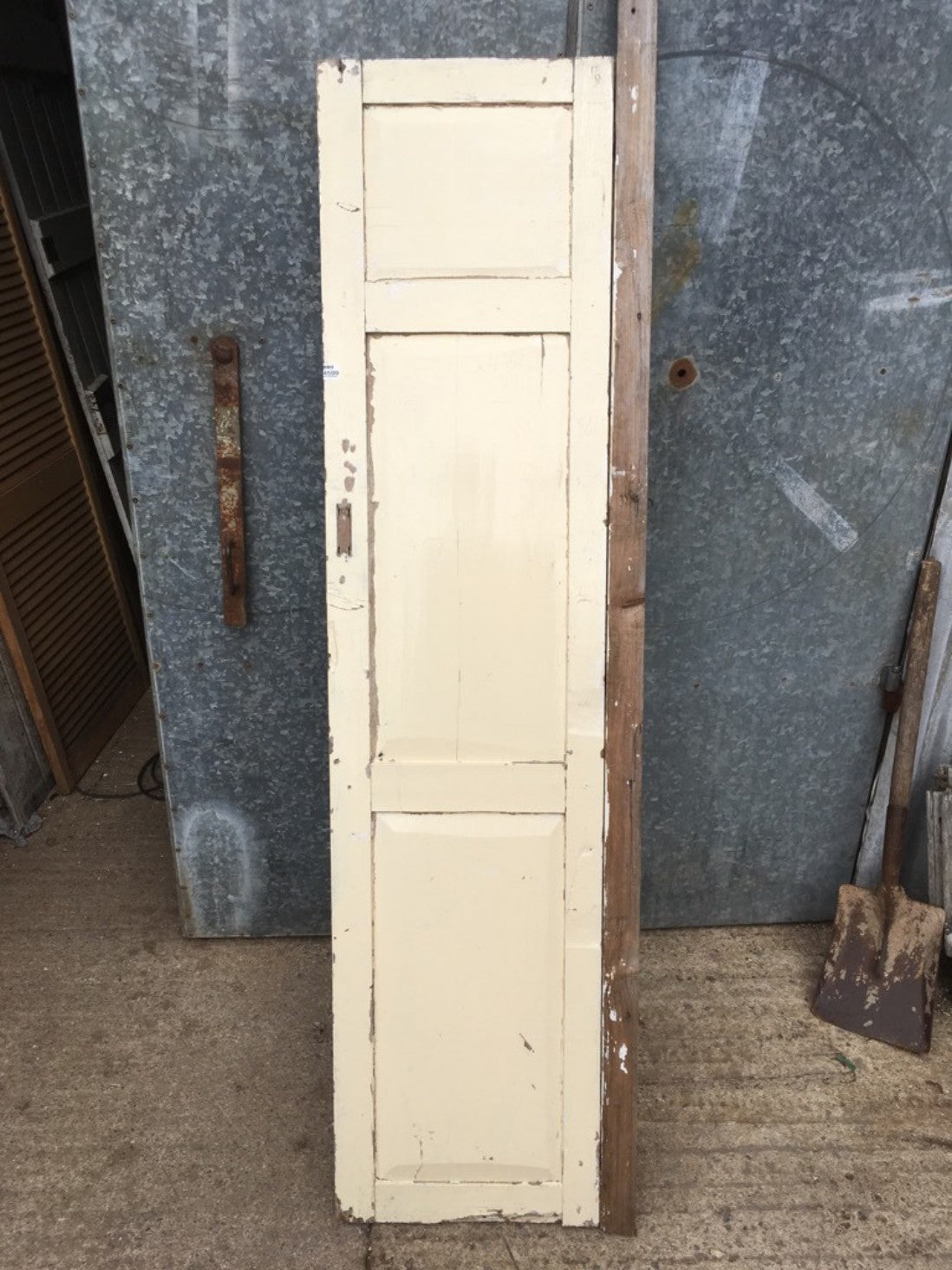 16 3/8”x70 5/8” Old Painted Pine Three Horizontal Panel Short Internal Door