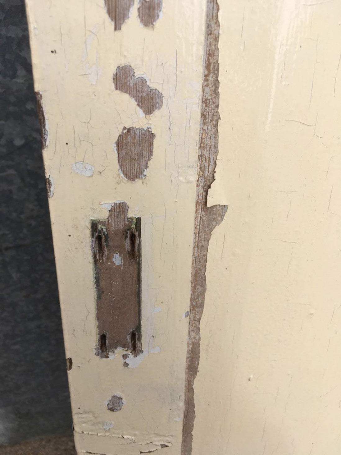 16 3/8”x70 5/8” Old Painted Pine Three Horizontal Panel Short Internal Door
