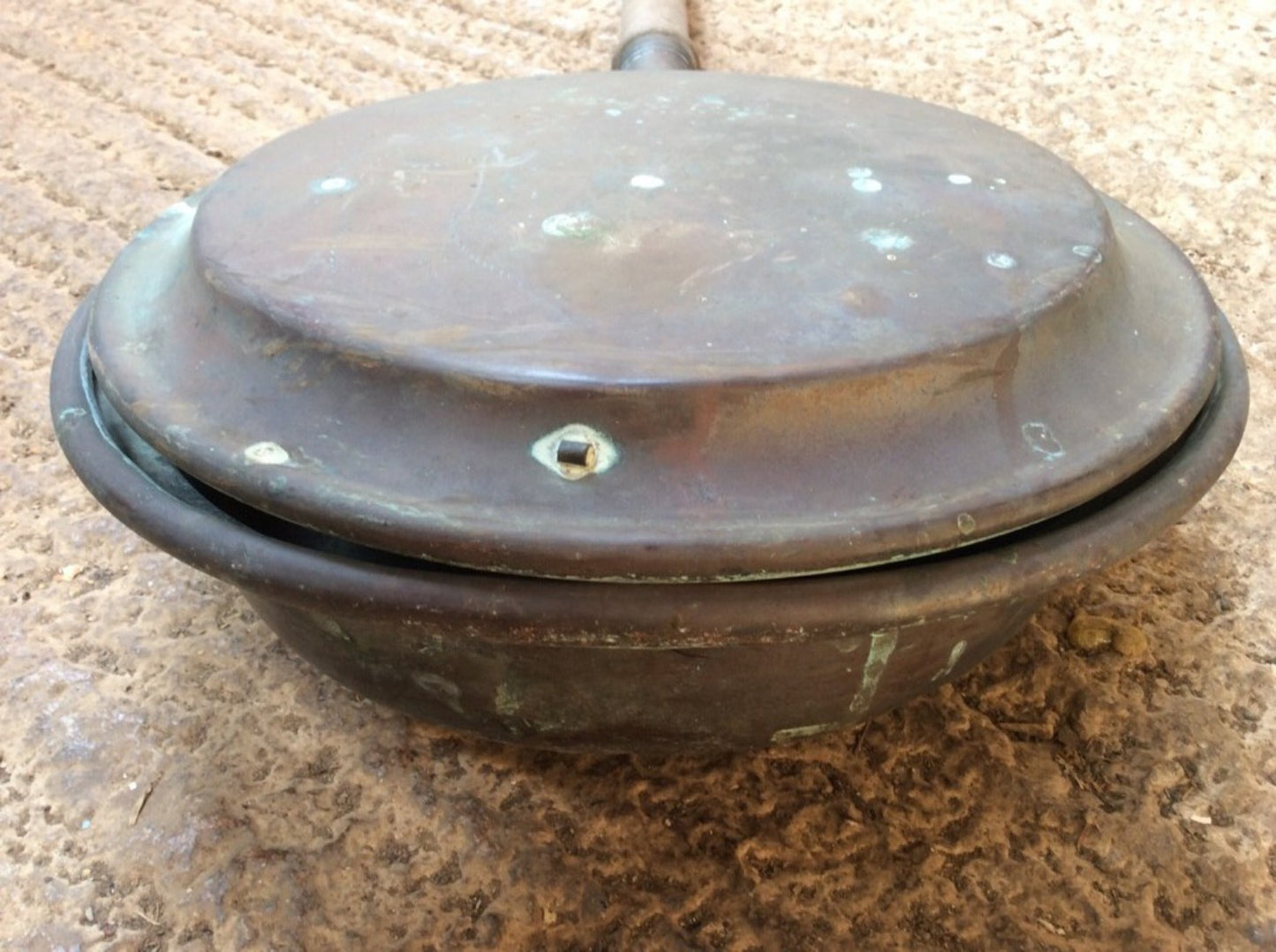 Antique Large Victorian Copper Bed Warming Pan 12 3/8" Diameter