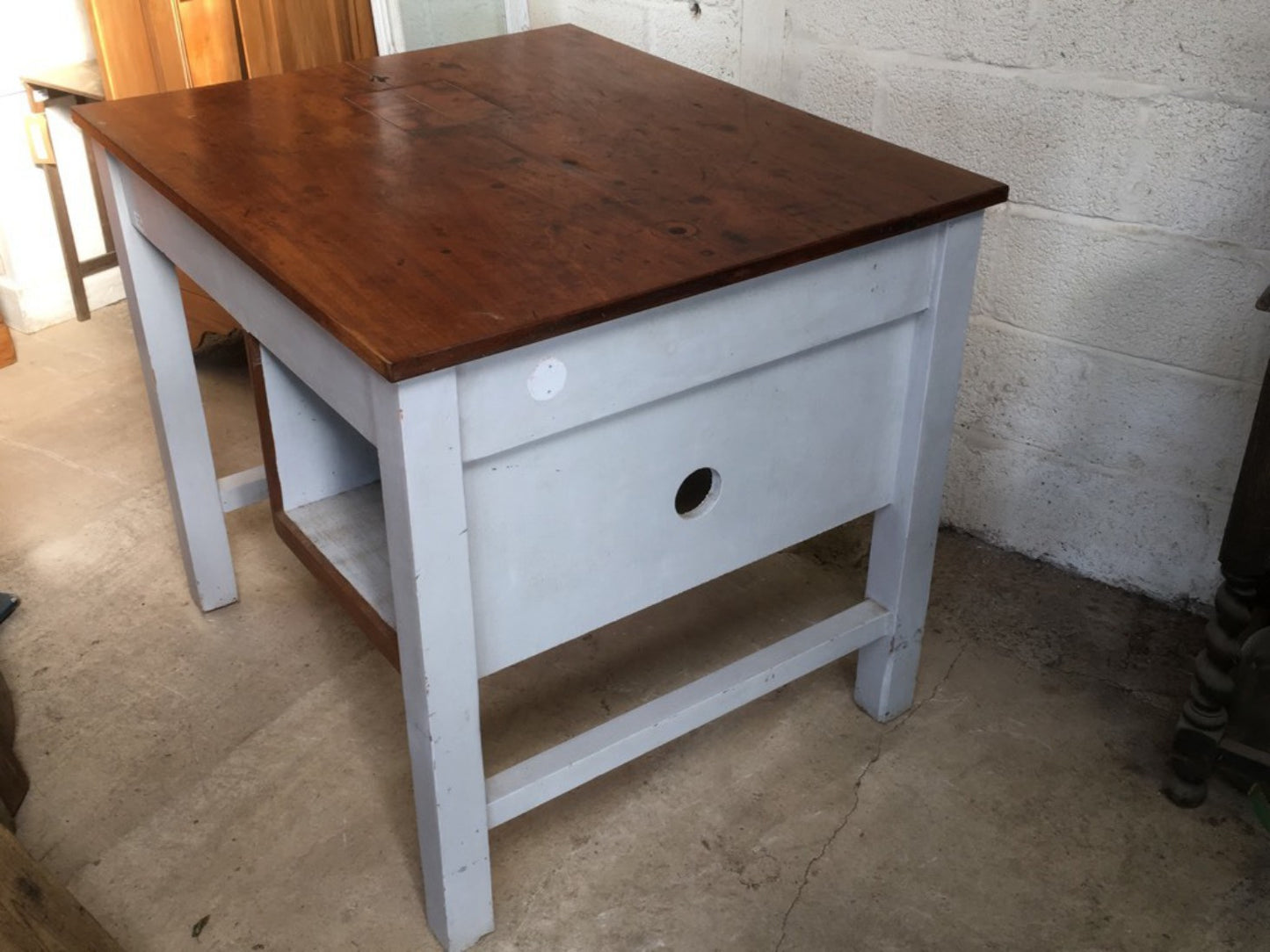 36 1/4” By 42” Interesting Old Teak Kitchen Middle Island Table Unit Worktop