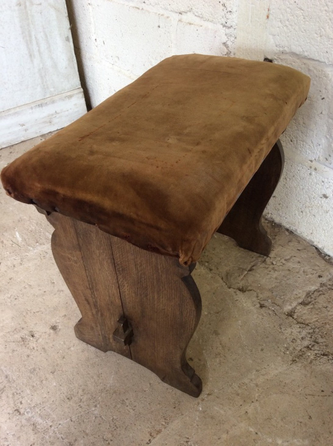 18 7/8” By 20 3/8” By 12 1/8” Reclaimed 1930s Upholstered Low Oak Stool