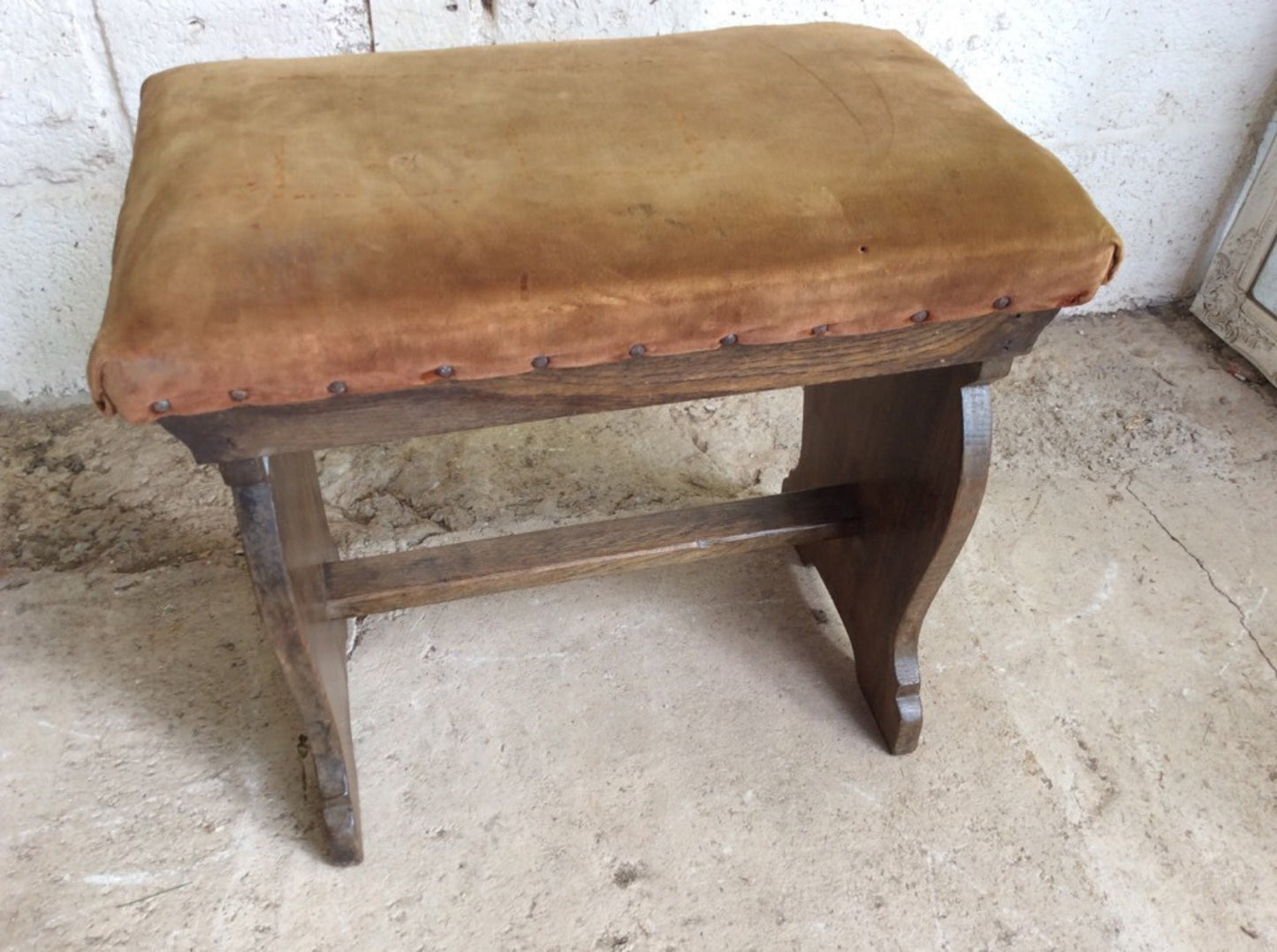 18 7/8” By 20 3/8” By 12 1/8” Reclaimed 1930s Upholstered Low Oak Stool