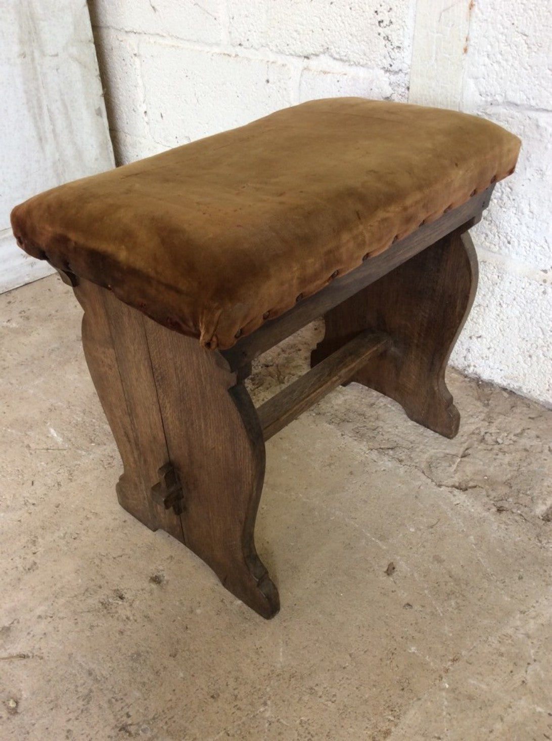 18 7/8” By 20 3/8” By 12 1/8” Reclaimed 1930s Upholstered Low Oak Stool