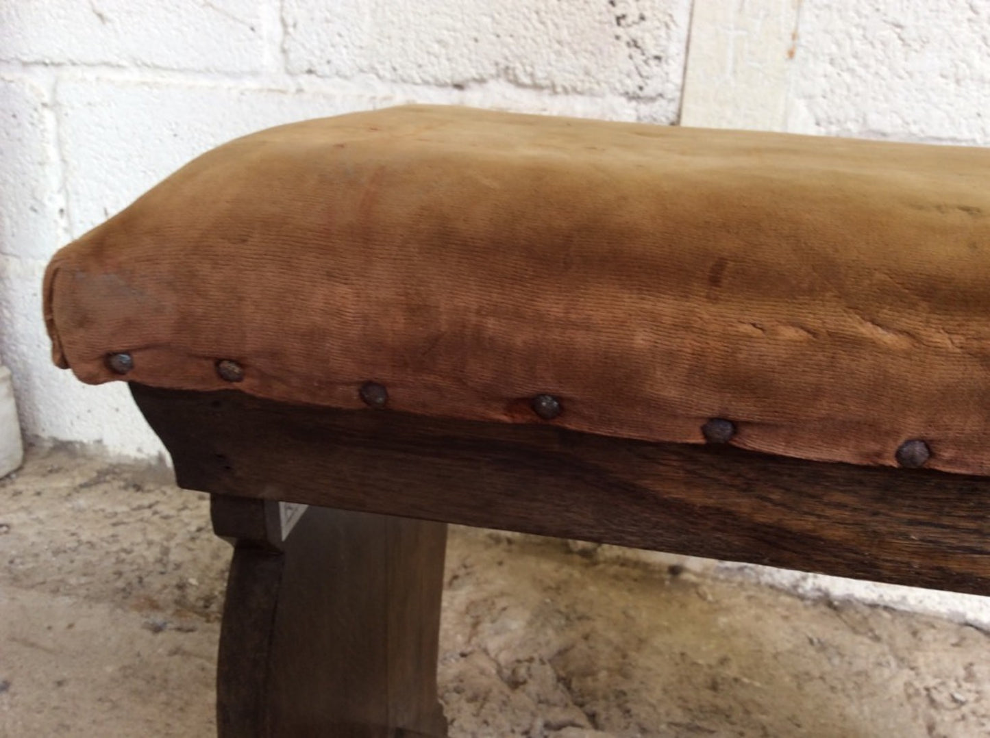 18 7/8” By 20 3/8” By 12 1/8” Reclaimed 1930s Upholstered Low Oak Stool