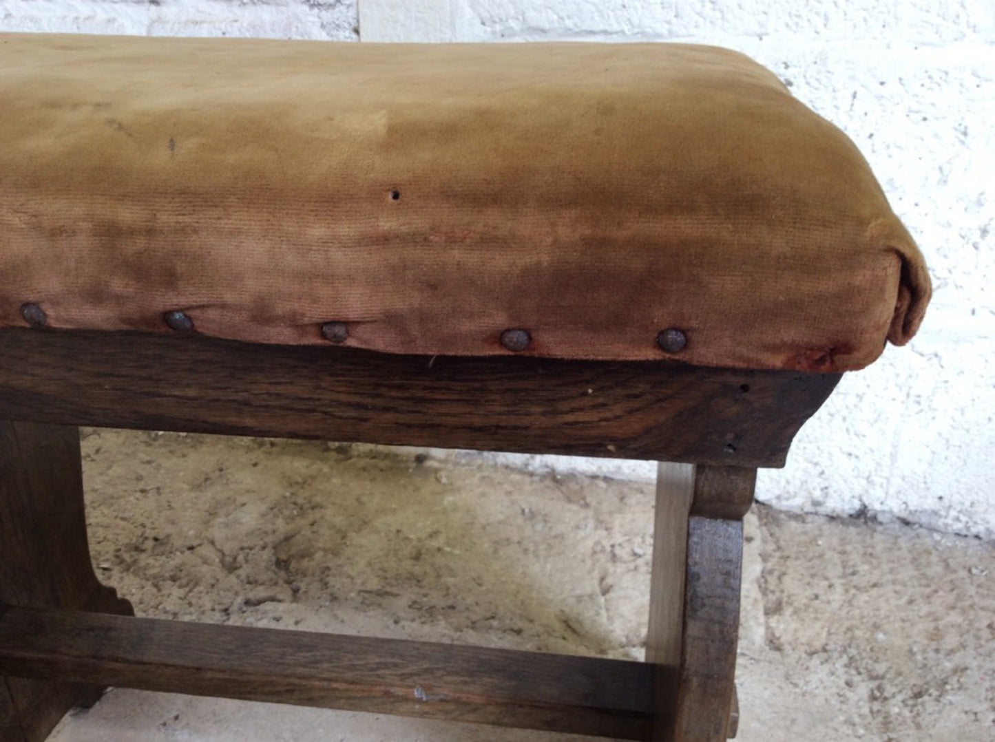 18 7/8” By 20 3/8” By 12 1/8” Reclaimed 1930s Upholstered Low Oak Stool