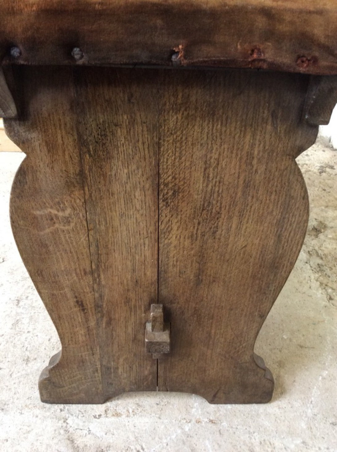 18 7/8” By 20 3/8” By 12 1/8” Reclaimed 1930s Upholstered Low Oak Stool