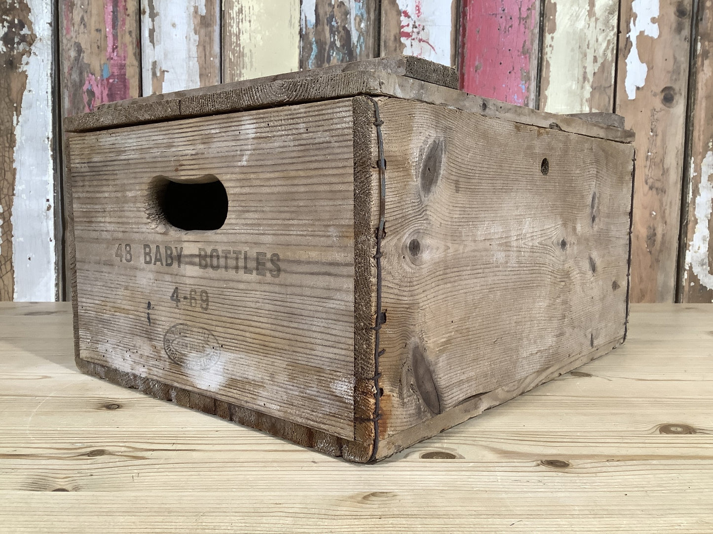 Old Quirky Rustic Small Solid Pine Box With Lid & “Baby Bottles” Text On Side