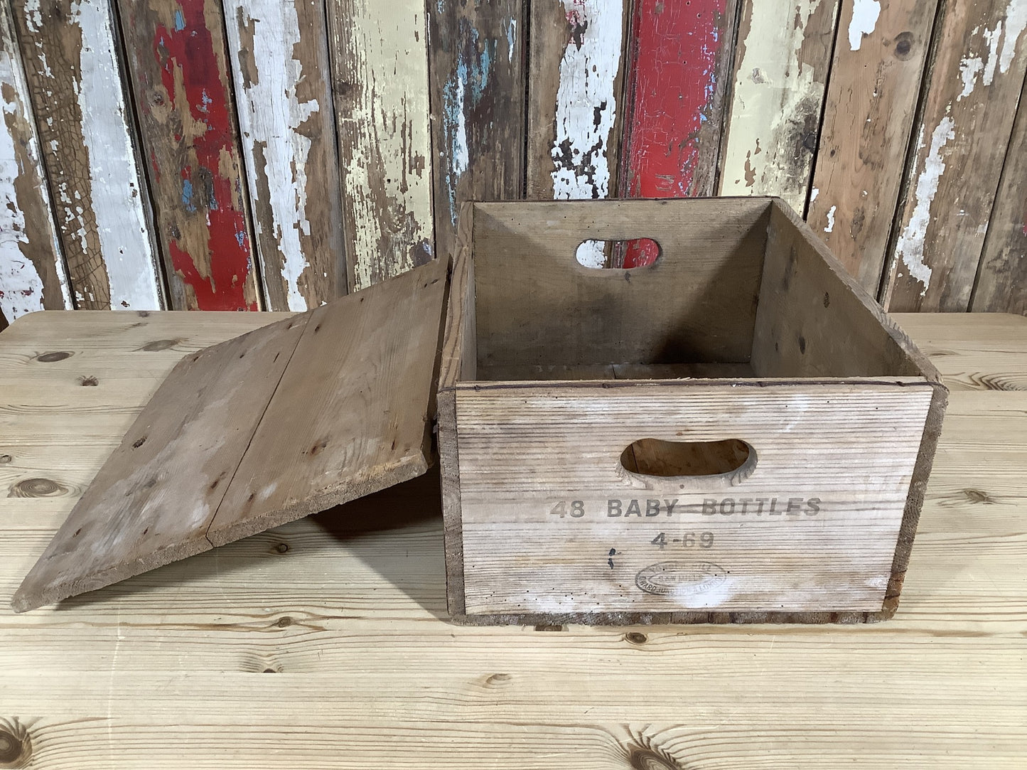 Old Quirky Rustic Small Solid Pine Box With Lid & “Baby Bottles” Text On Side