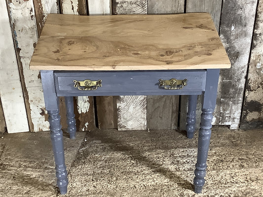 Attractive Short Elm Plank Top Side Table Painted Grey Pine Base with Drawer