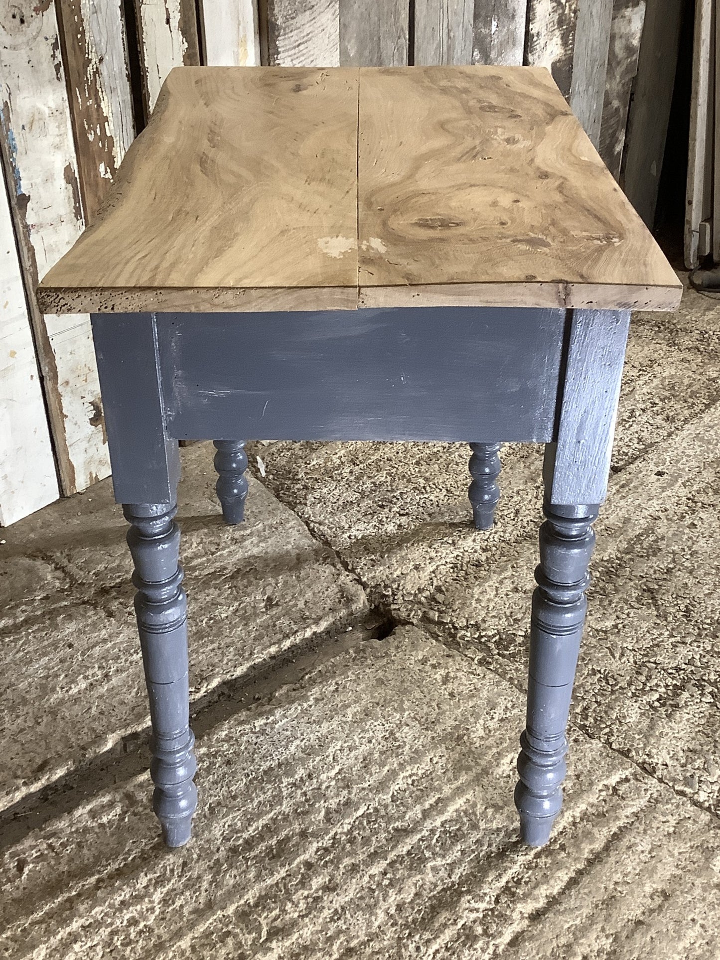 Attractive Short Elm Plank Top Side Table Painted Grey Pine Base with Drawer