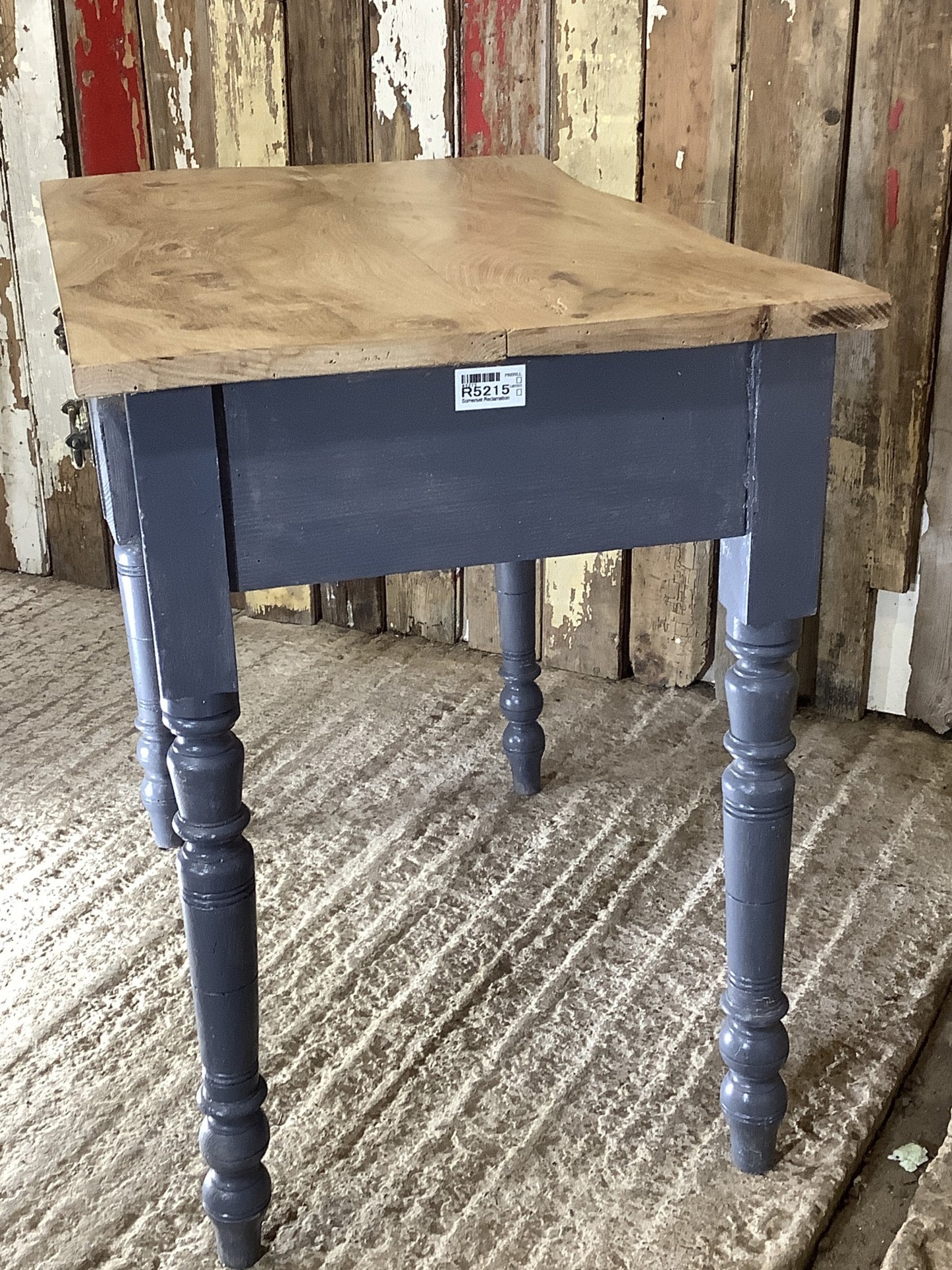 Attractive Short Elm Plank Top Side Table Painted Grey Pine Base with Drawer