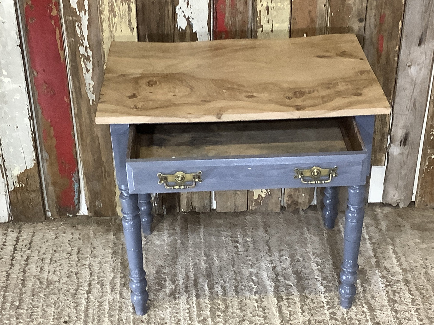 Attractive Short Elm Plank Top Side Table Painted Grey Pine Base with Drawer